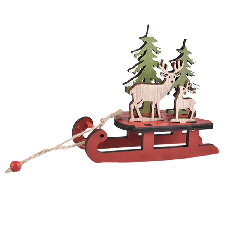 Christmas Ornaments Wooden Sleigh Santa Claus Snowman Elk Sled Pendant For Christmas Tree Home Party Decor Xmas Decoration Gift