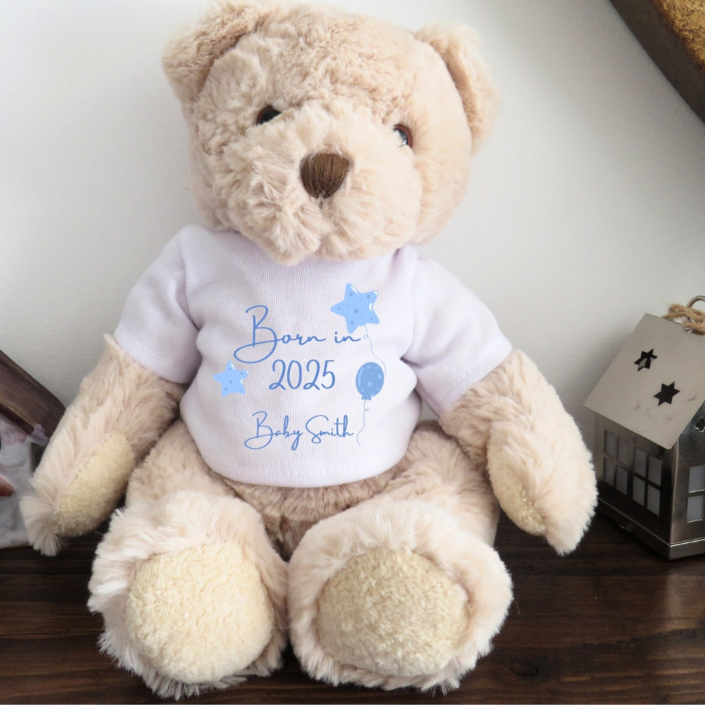 Personalised Luxury Teddy Bear - Born in 2025 Blue Balloons Shirt