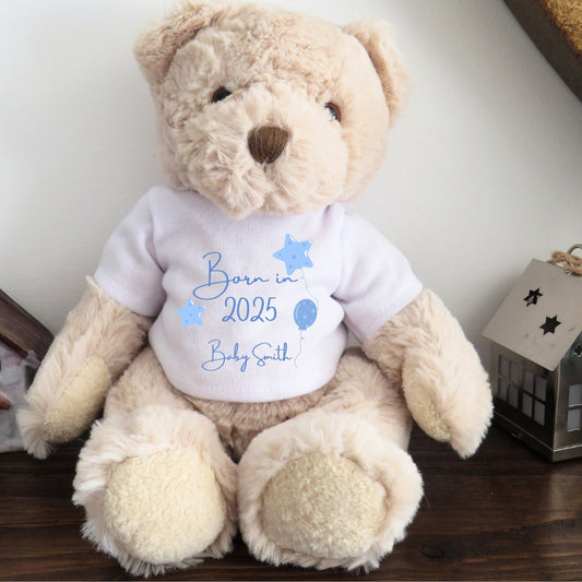 Personalised Luxury Teddy Bear - Born in 2025 Blue Balloons Shirt