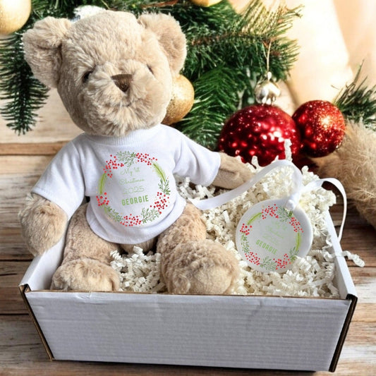 Personalised 1st Christmas Berry Wreath Teddy & Ceramic Gift Hamper
